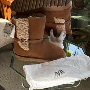 Zara Tan Shearling Buckle Boots